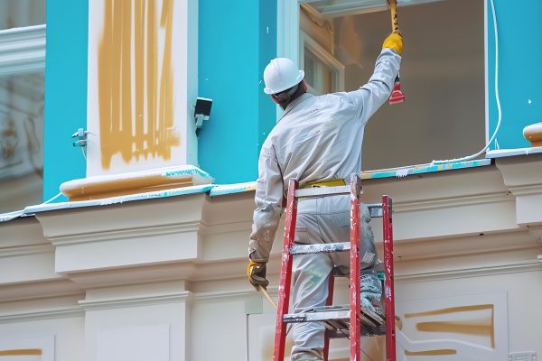 A painter wearing a hard hat and safety glasses is painting the exterior of a building.